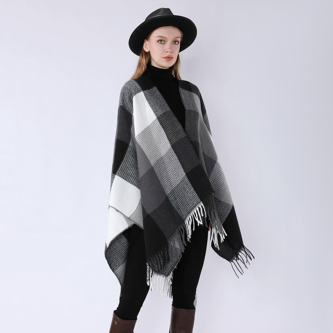 Damen Weichfallender Oversize-Poncho im Plaid-Webmuster mit V-Kragen und Fransensaum Echo Archiv
