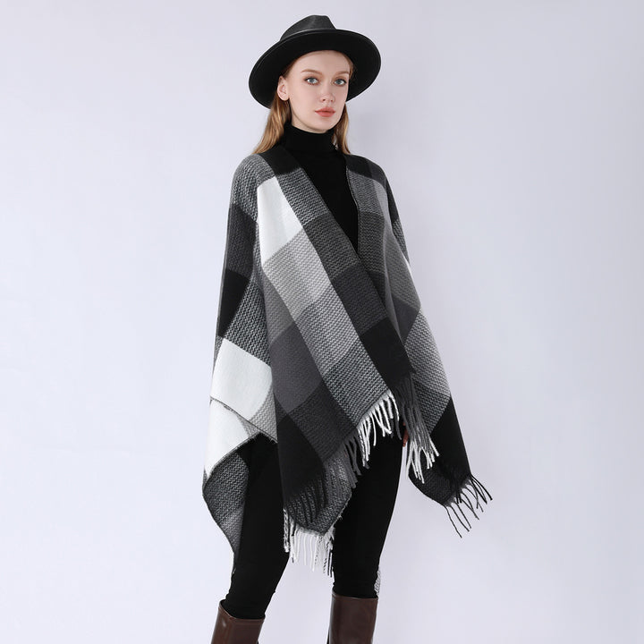 Damen Weichfallender Oversize-Poncho im Plaid-Webmuster mit V-Kragen und Fransensaum Echo Archiv