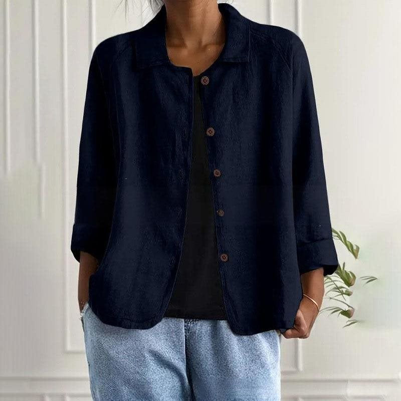 Damen Oversized Leinen-Hemdjacke mit Hemdkragen, 3/4-Ärmeln und durchgehender Knopfleiste Echo Archiv