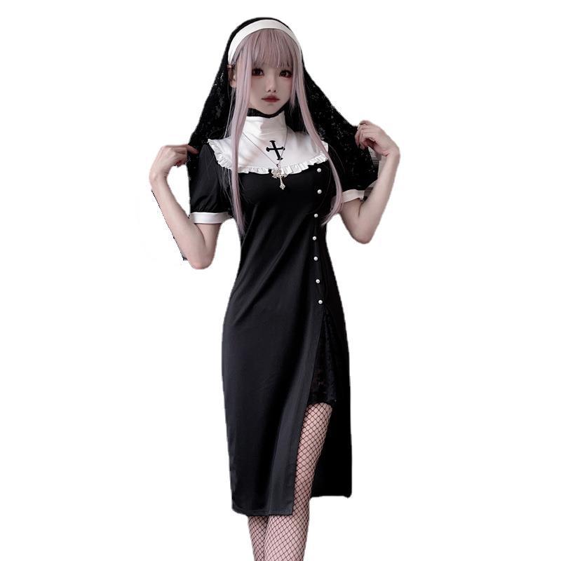Damen Gothic Nonnenkostüm mit transparenten Spitzenärmeln und Kreuzdetails Echo Archiv