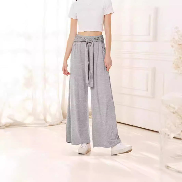 Damen Hochtaillierte Weite Palazzo-Hose mit Selbstbindendem Taillenbund und Seitentaschen – Avélisse