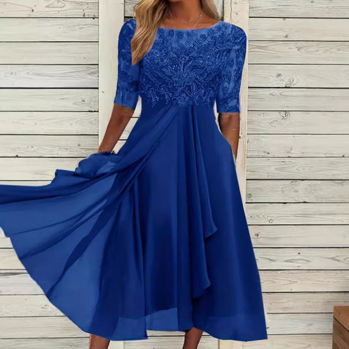 Damen nan elegantes Cocktailkleid mit bestickter Korsage, U-Boot-Ausschnitt und fließendem Chiffonrock Echo Archiv