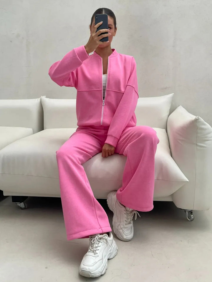 Damen lässiges Zip-Lounge-Set mit Stehkragen und weitem Highwaist-Joggpant – Auréline