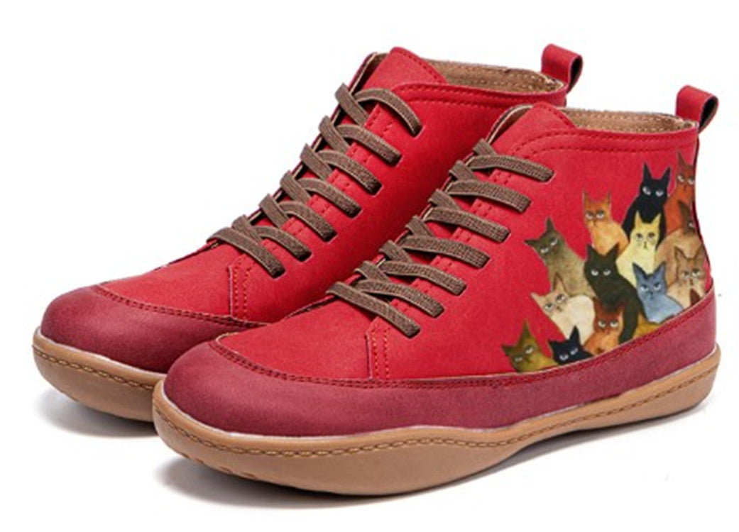 Damen Hochgeschnittene Leder-Sneaker mit handbemaltem Katzenmotiv und ergonomischer Laufsohle Echo Archiv