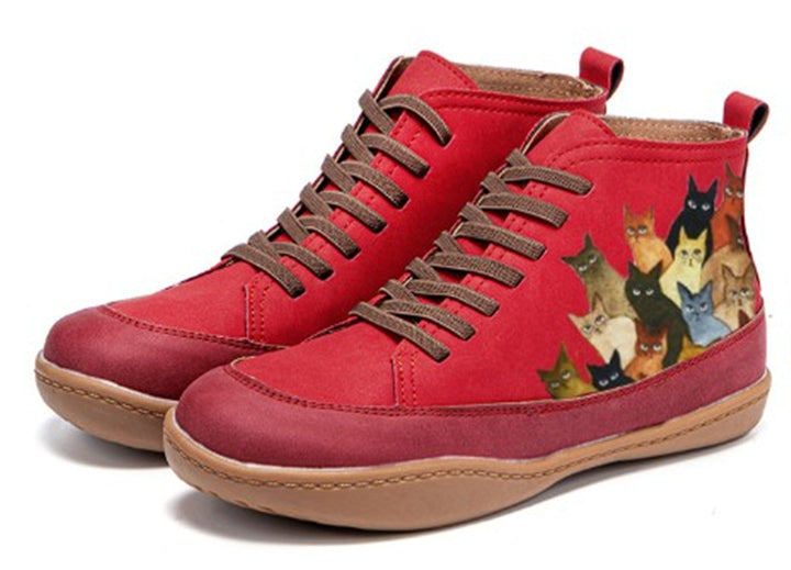 Damen Hochgeschnittene Leder-Sneaker mit handbemaltem Katzenmotiv und ergonomischer Laufsohle Echo Archiv