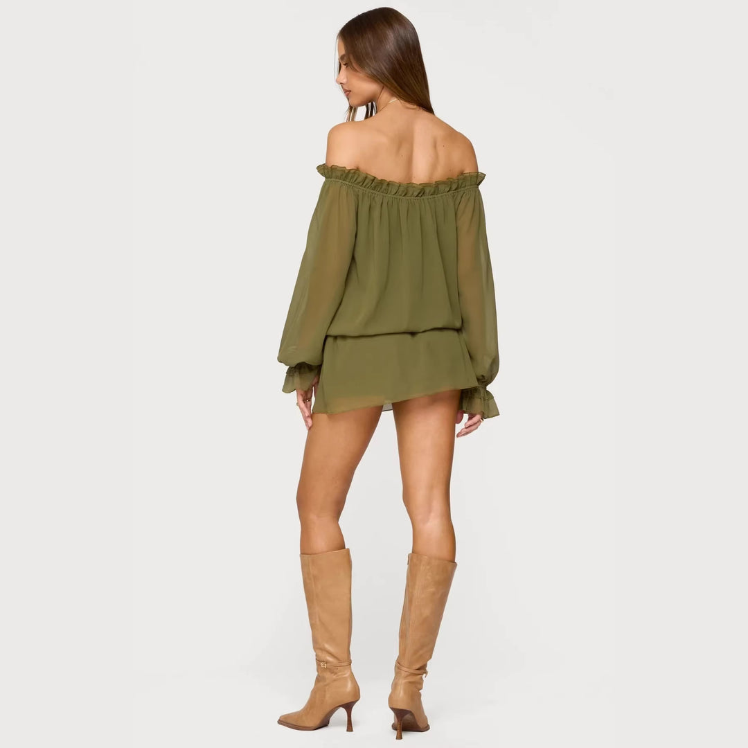Damen Off-Shoulder Kleid mit voluminösen Puffärmeln und Rüschensaum Echo Archiv