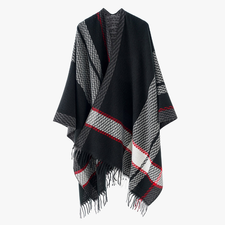Damen Oversize Capeponcho aus Wollmix mit Karomuster und Fransensaum – Avérine