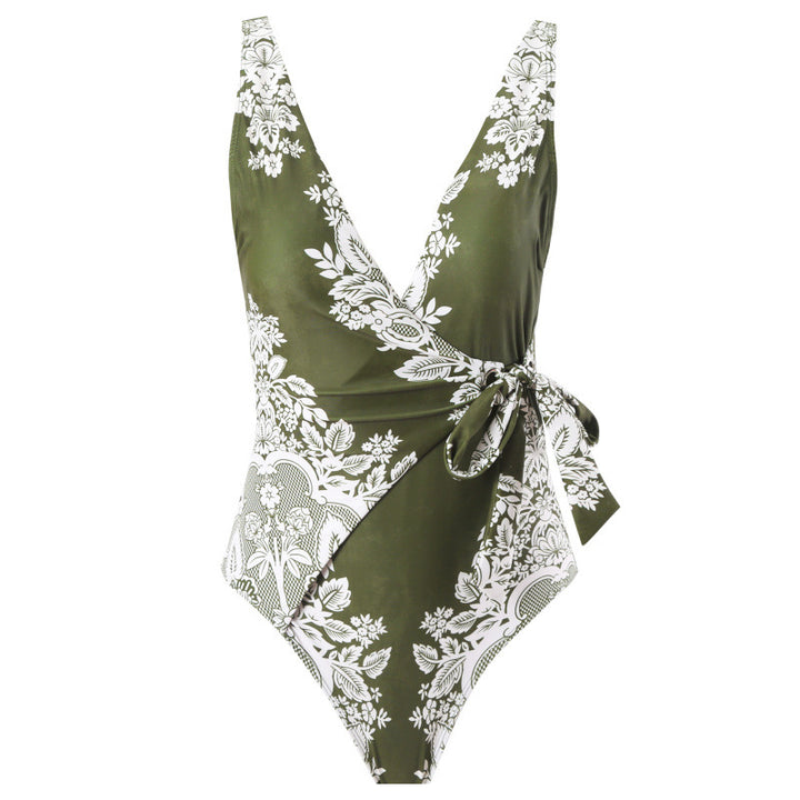 Damen Einteiler Badeanzug mit modischem Wickeldesign und floralem Muster Echo Archiv