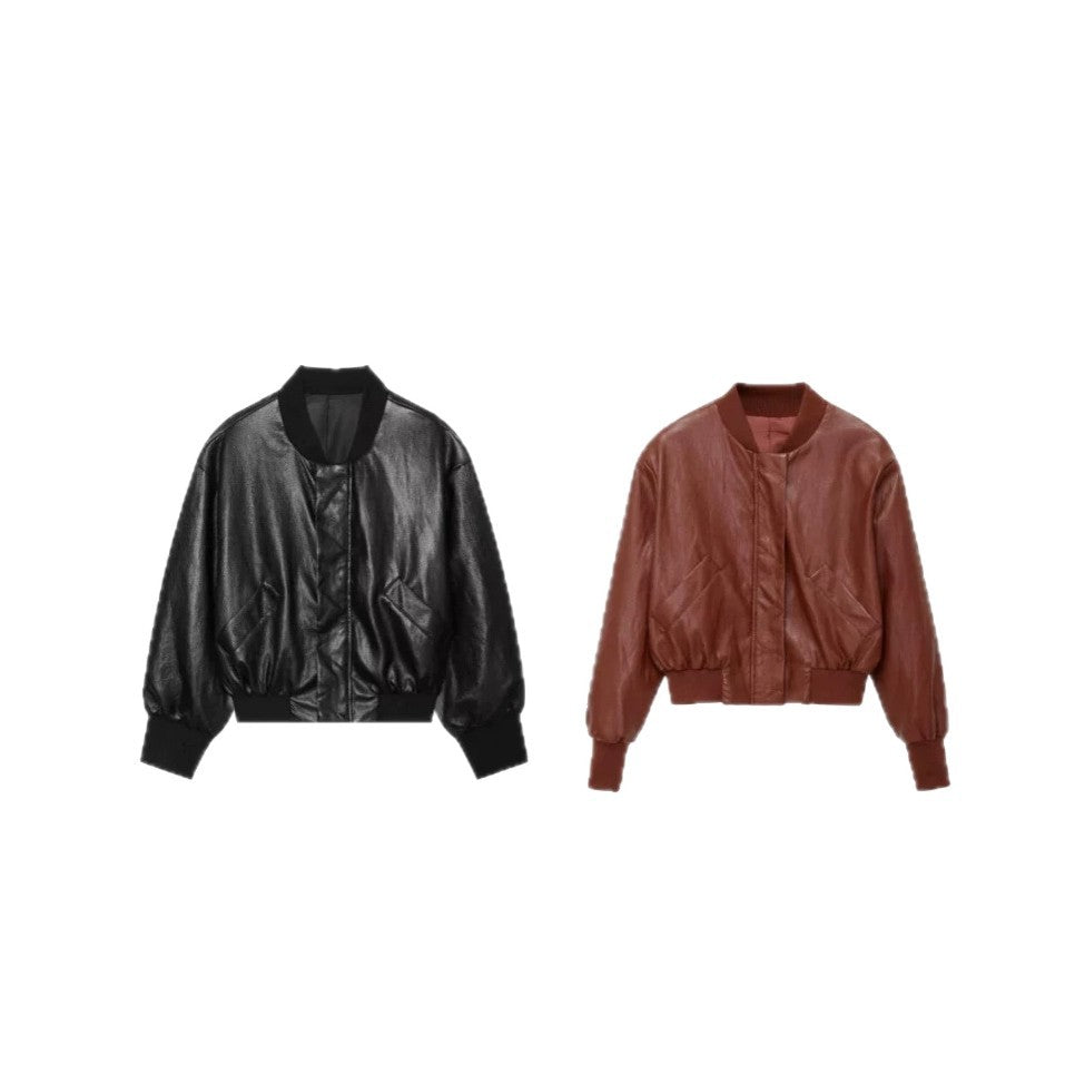 Damen Cropped Leder-Bomberjacke mit geripptem Saum und Pattentaschen Echoarchiv