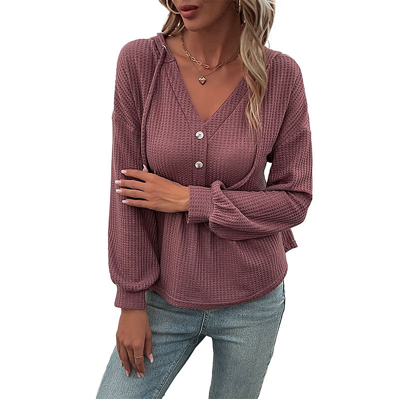 Damen Waffelstrick-Hoodie-Bluse mit V-Ausschnitt, Knopfleiste und geraffter Taillenpasse Echoarchiv