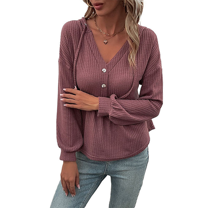 Damen Waffelstrick-Hoodie-Bluse mit V-Ausschnitt, Knopfleiste und geraffter Taillenpasse Echoarchiv