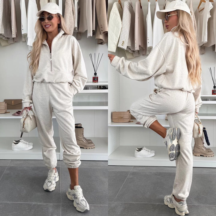 Damen kuscheliger Freizeit-Jogginganzug mit halbem Reißverschluss, Kängurutasche und elastischen Bündchen – Avérine