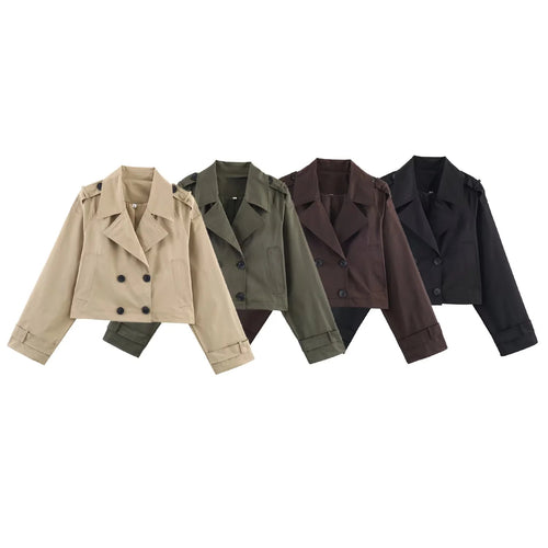 Damen cropped Trenchjacke mit doppelreihiger Knopfleiste, Schulterklappen und verstellbaren Manschetten – Célinea