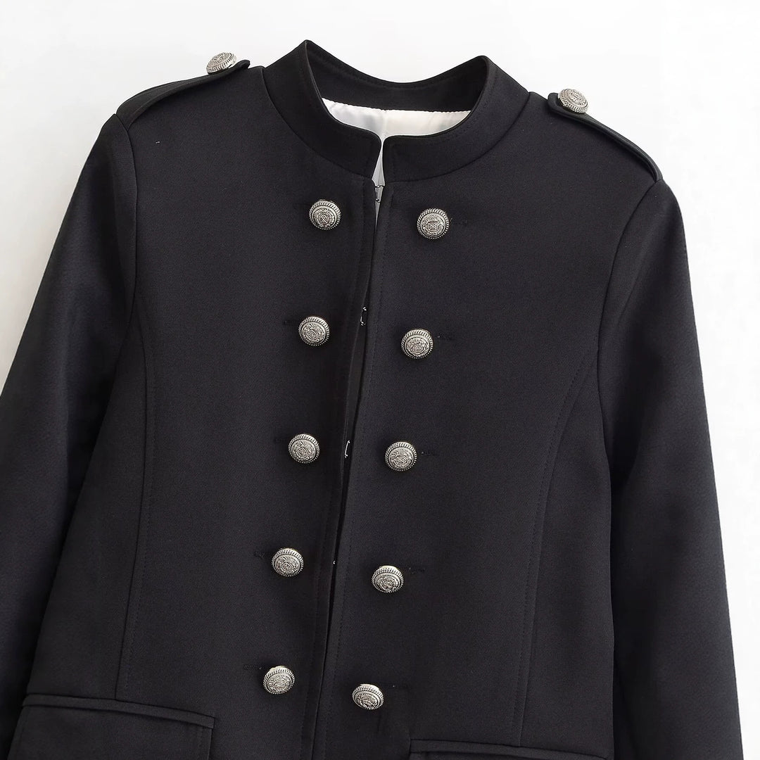 Damen Kurzer Stehkragen-Blazer mit doppelter Zierknopfleiste und Epauletten Echo Archiv