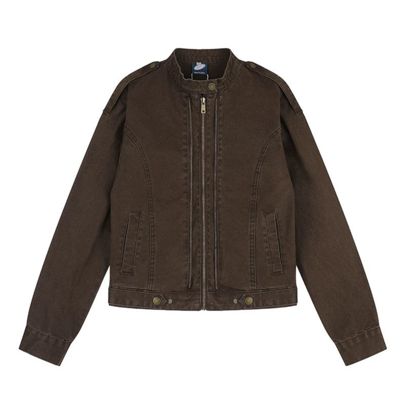Damen Kurz geschnittene Utility-Jacke mit Stehkragen und Schulterklappen Echoarchiv