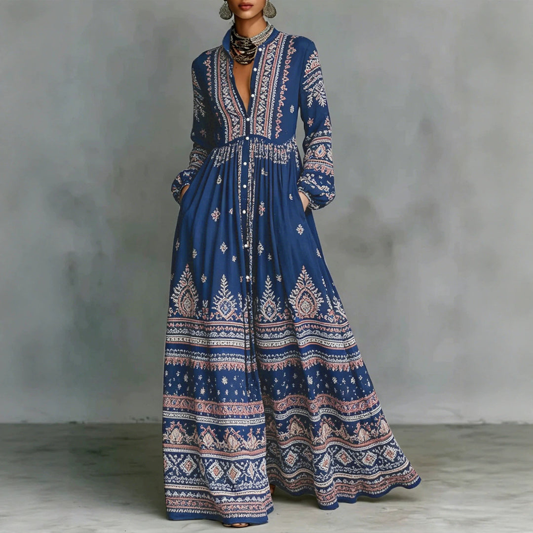 Damen Boho-Maxi-Hemdkleid mit Stickbordüren, hoher Stehkragen und Taschen Echoarchiv