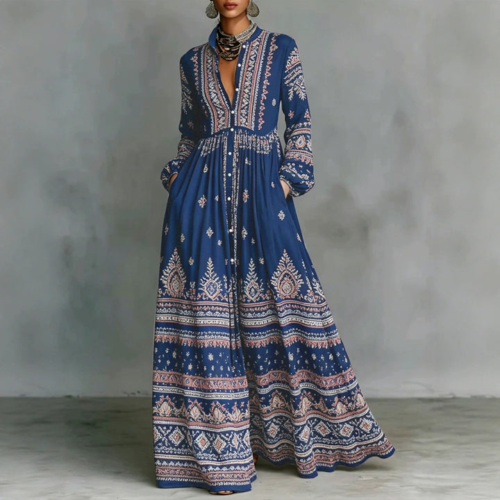 Damen Boho-Maxi-Hemdkleid mit Stickbordüren, hoher Stehkragen und Taschen Echoarchiv