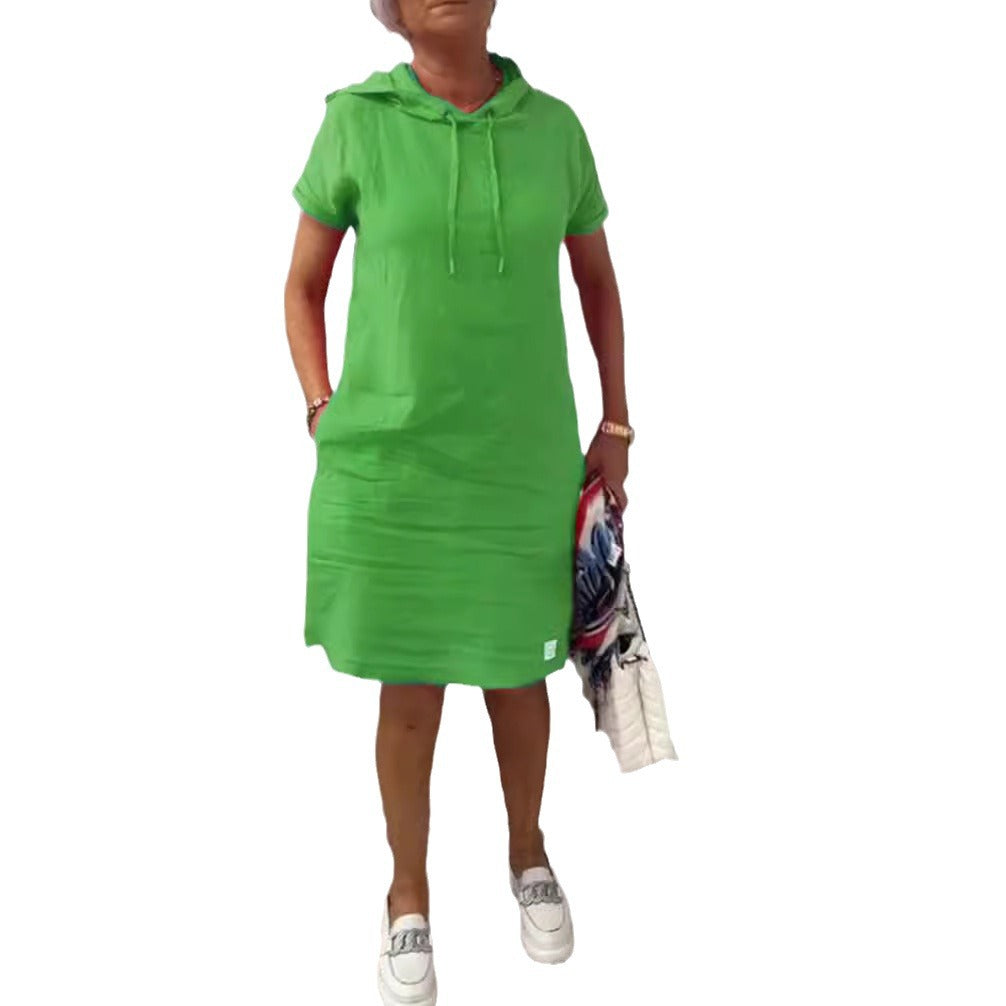 Damen nan lässiges Kapuzen-Midikleid mit kurzen Ärmeln und geradem Relax‑Schnitt Echo Archiv