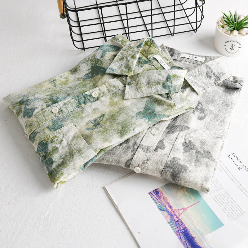Herren Leichtes Leinenmix-Hemd mit Aquarell-Schmetterlingsprint und Brusttasche Echoarchiv