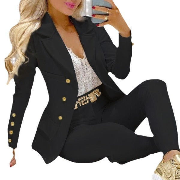 Damen nan tailliertes Doppelreiher-Blazer-Set mit goldknopf-Detail und hochtaillierter Slimhose Echo Archiv