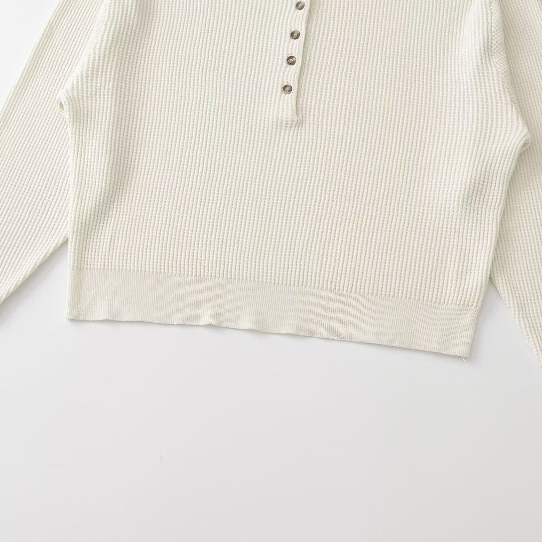 Damen Grobgestrickter Waffelstrick-Pullover mit Henley-Knopfleiste Echoarchiv