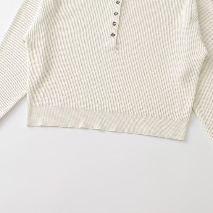 Damen Grobgestrickter Waffelstrick-Pullover mit Henley-Knopfleiste Echoarchiv