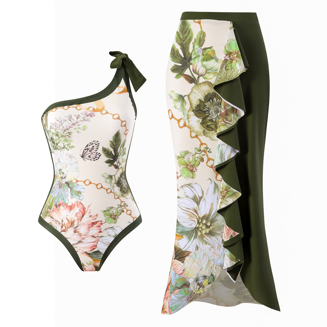 Damen Einteiler Badeanzug mit asymmetrischem Schnitt und elegantem Wickelrock Echo Archiv