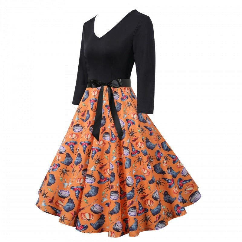 Damen Vintage-inspiriertes Swingkleid mit V-Ausschnitt, Dreiviertelärmeln und voluminösem Tellerrock – Élara