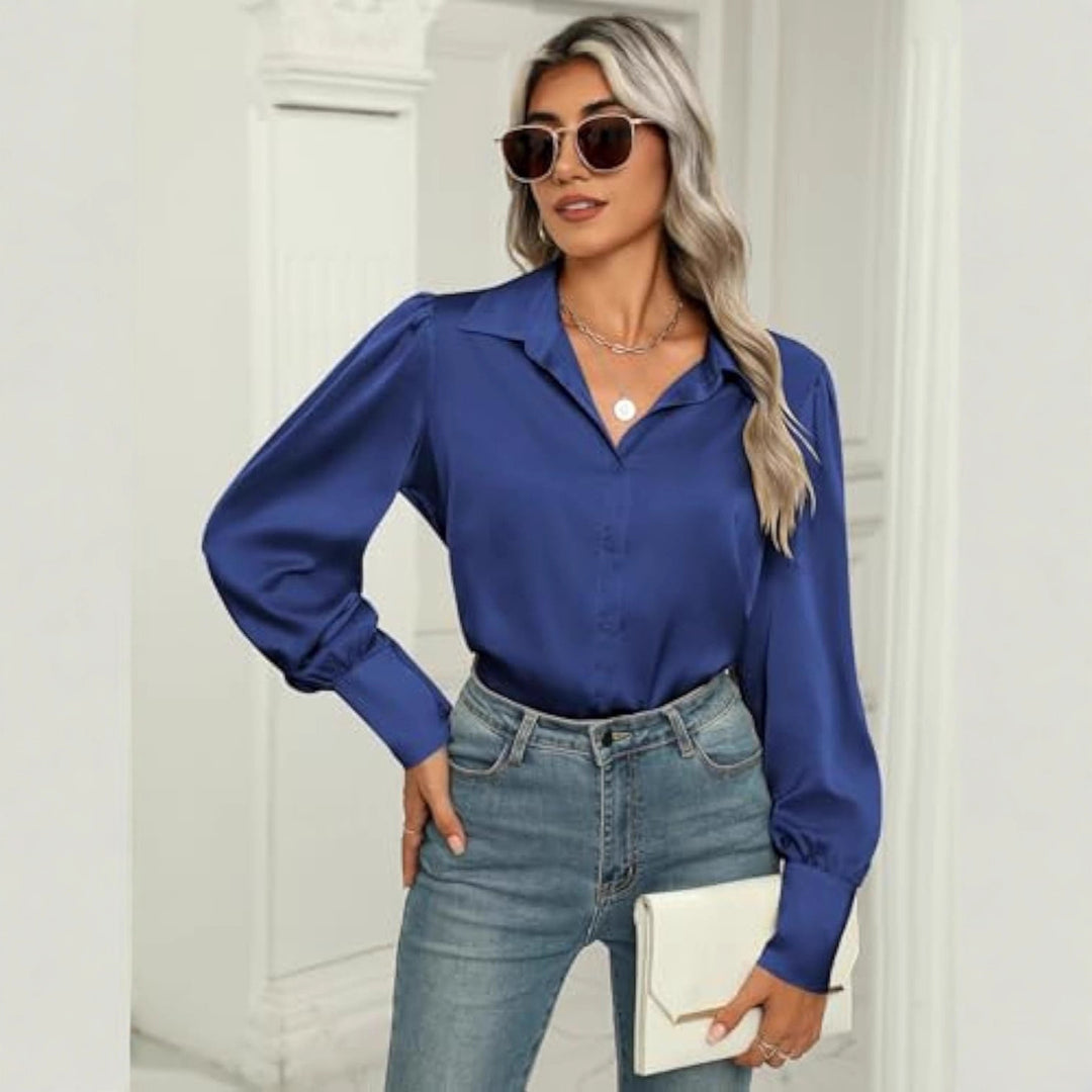 Damen Seidenoptik-Bluse mit Hemdkragen, verdeckter Knopfleiste und langen Manschetten – Élovi