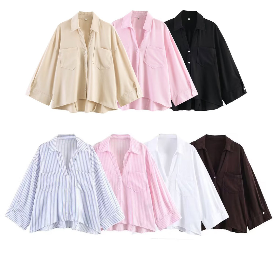 Damen Oversize-Hemdbluse mit großen Brusttaschen, überschnittener Schulter und High‑Low‑Saum Echo Archiv