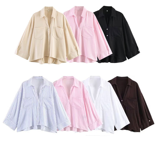 Damen Oversize-Hemdbluse mit großen Brusttaschen, überschnittener Schulter und High‑Low‑Saum Echo Archiv