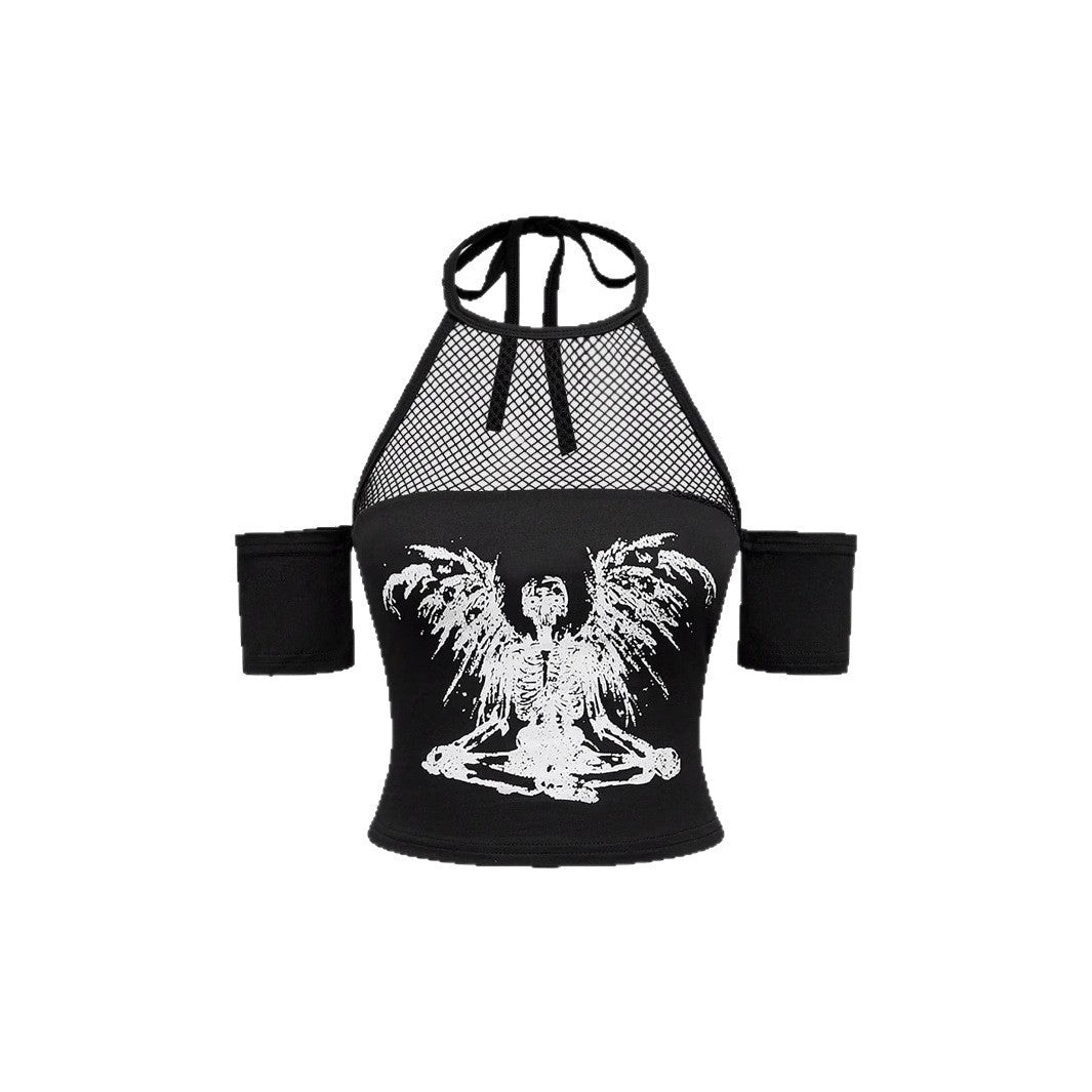 Damen Trendiges Crop-Top mit Netzdetails und originellem Grafiklitz Echo Archiv