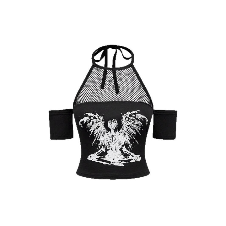 Damen Trendiges Crop-Top mit Netzdetails und originellem Grafiklitz Echo Archiv
