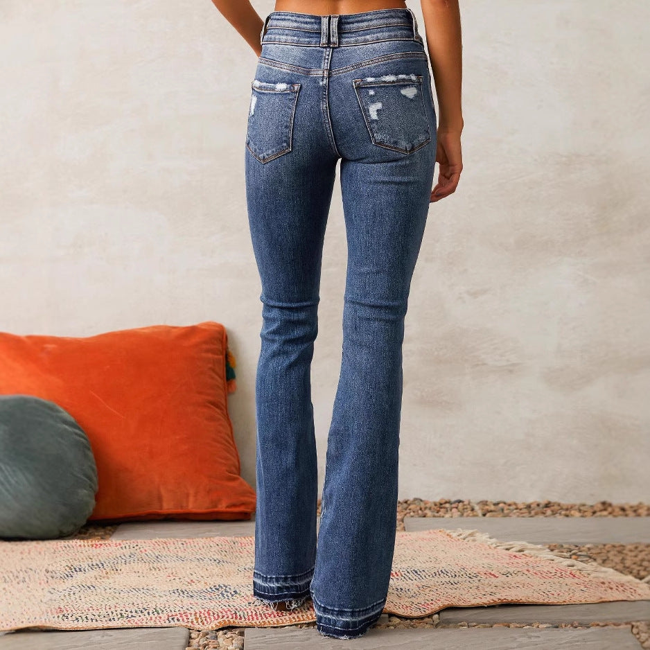 Damen nan hochtaillierte Vintage-Bootcut-Jeans mit doppelter Knopfleiste, leichtem Destroyed-Detail und ausgefranstem Saum Echo Archiv