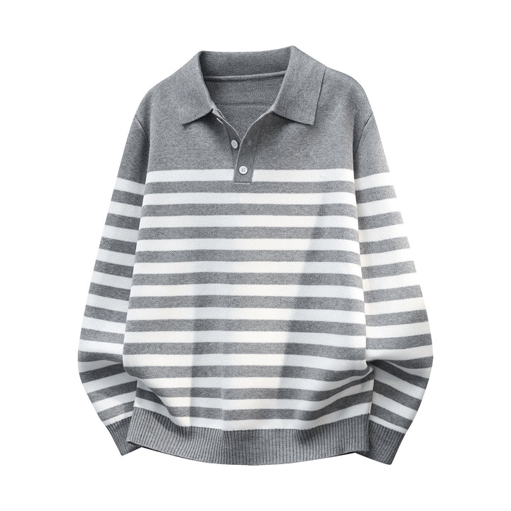 Herren Gestreifter Oversize Polo Strickpullover mit Halbknopfblende und gerippten Abschlüssen Echoarchiv