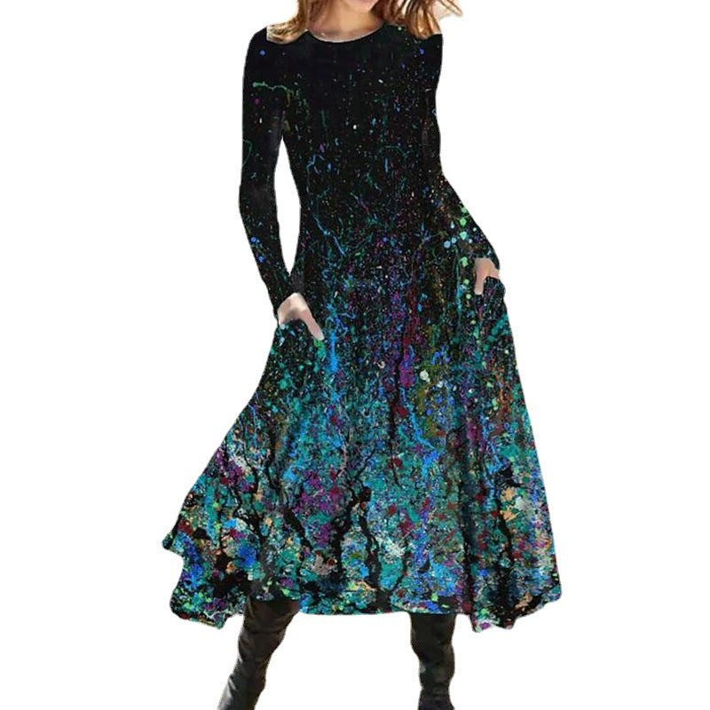 Damen nan A-Linien-Midikleid mit abstraktem Spritzmuster, Rundhalsausschnitt, langen Ärmeln und Eingrifftaschen Echo Archiv