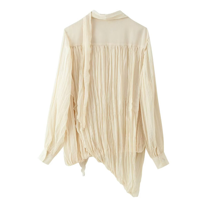 Damen Fließende Chiffon‑Plissee‑Bluse mit Schluppe und Manschetten Echoarchiv