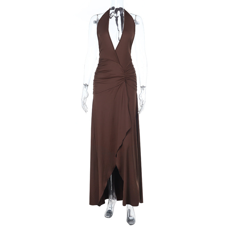 Damen Halter-Langkleid mit tiefem V-Ausschnitt und gerafftem Design Echo Archiv