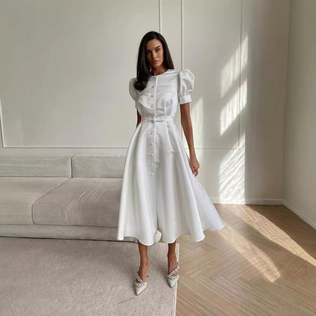 Damen Midi-Kleid mit Puffärmeln und schimmerndem Satin-Finish Echo Archiv