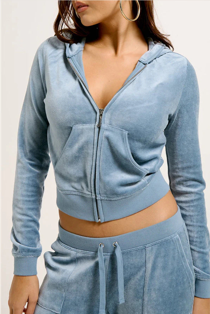 Damen Samtvelours Cropped-Zipjacke mit Kängurutasche und hochgeschnittener Bündchenhose – Auréline