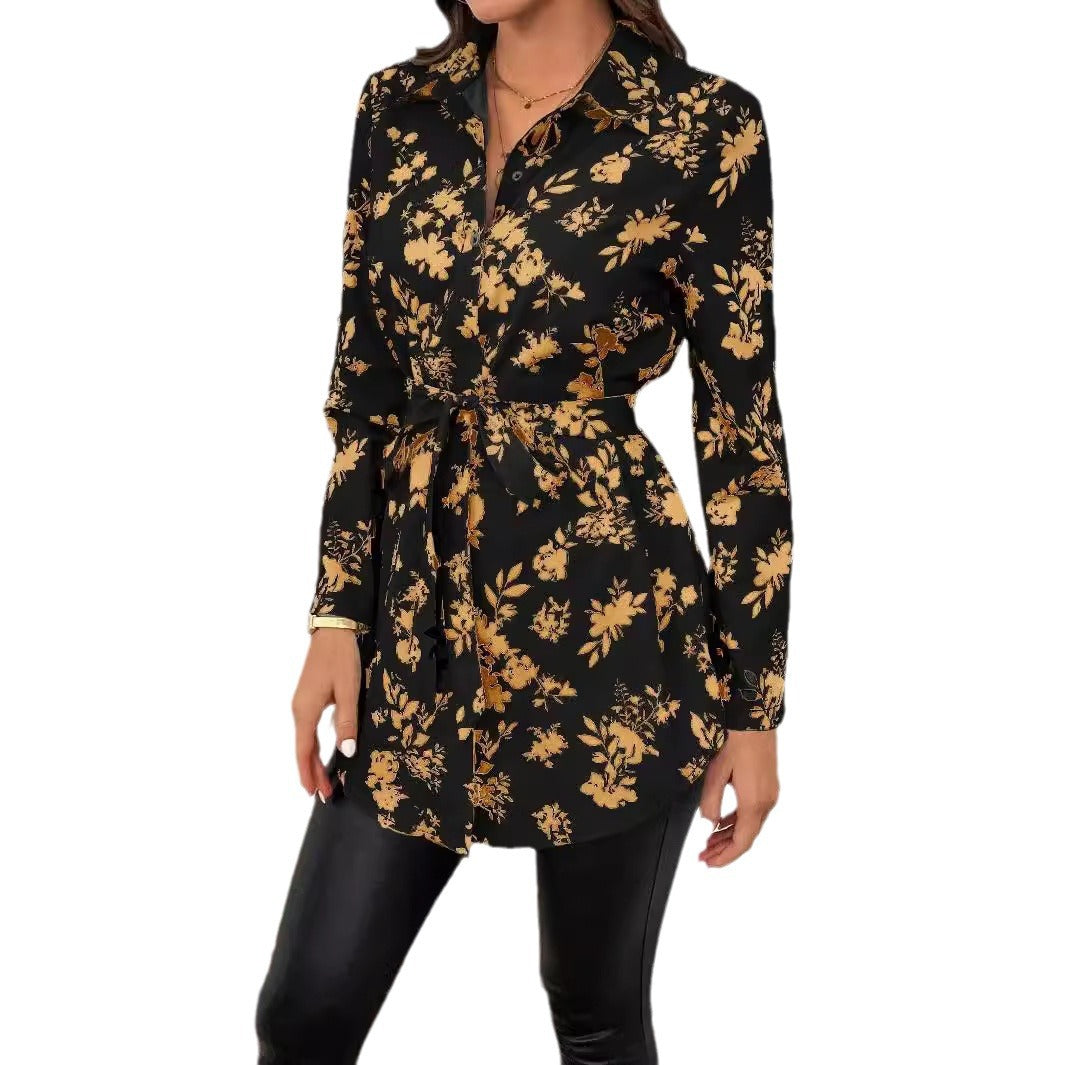 Damen nan lockere Hemdblusen-Tunika mit floralem Allover-Print, Bindegürtel und Krempelärmeln Echo Archiv