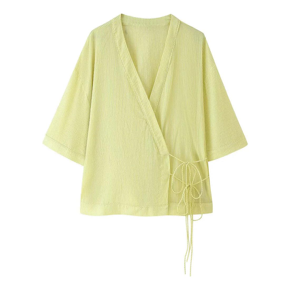Damen Wickelkimono-Top mit dreiviertelärmeln, strukturierter Crinkle-Qualität und seitlichem Bindeband-Detail – Orélia