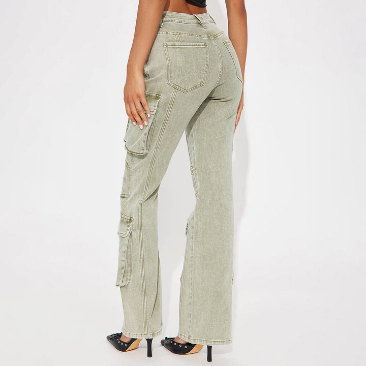Damen High-Waist Cargo-Denimhose mit weitem Bein, Mehrfachtaschen und Used‑Details Echo Archiv