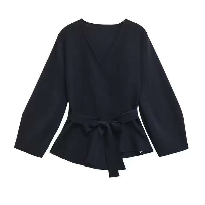 Damen Taillierte Bluse mit Wickelgürtel und Schößchen – Élovi