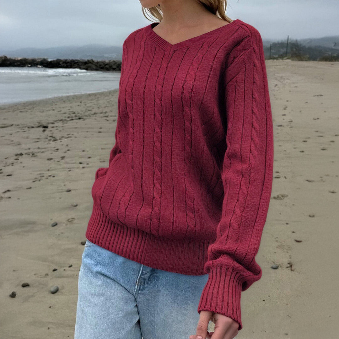 Damen feiner Strukturstrick-Pullover mit V‑Neck, Zopfmuster und geripptem Saum – Mavelle