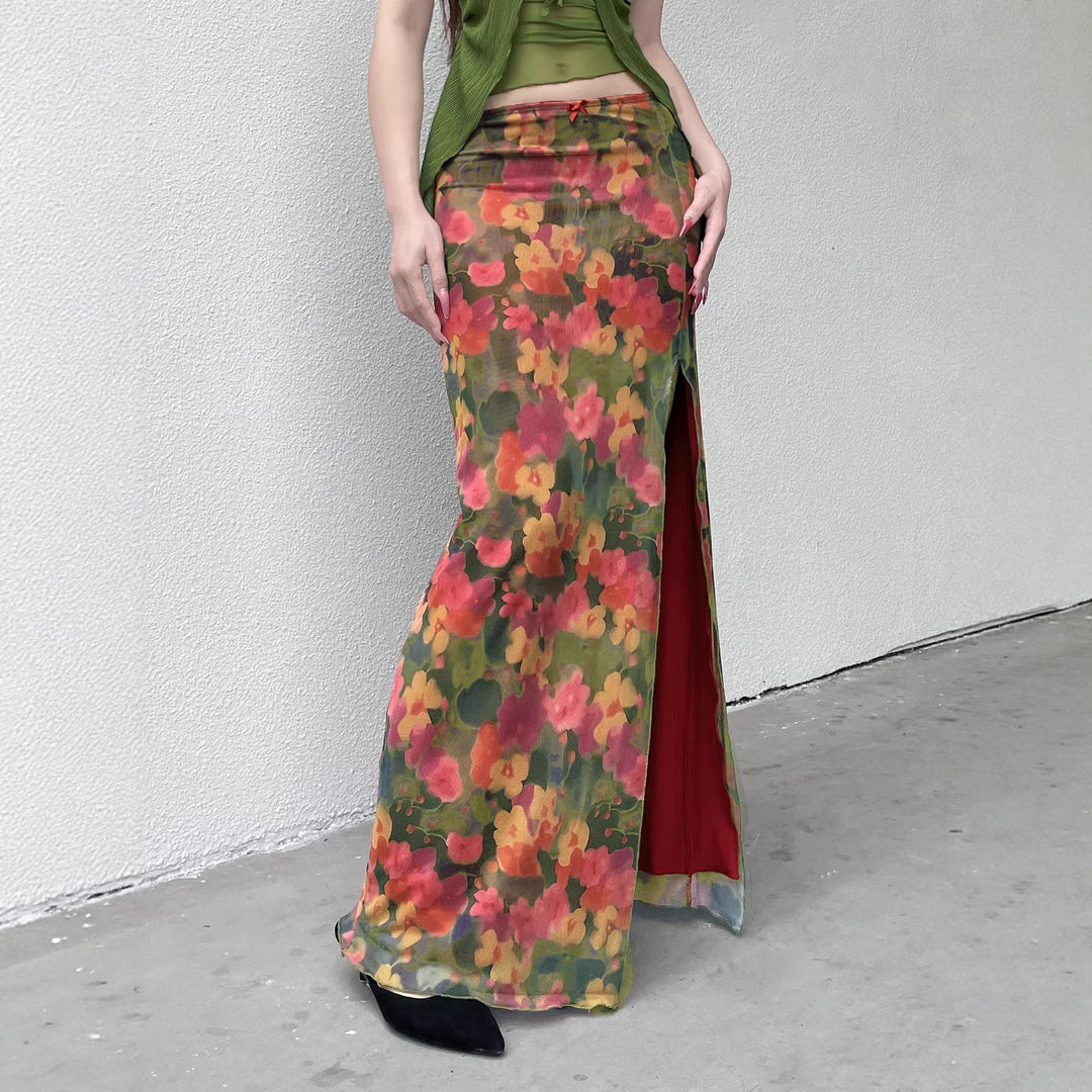 Damen Maxirock mit Chiffon-Overlay, floraler Allover-Print und hohem Seitenschlitz Echo Archiv