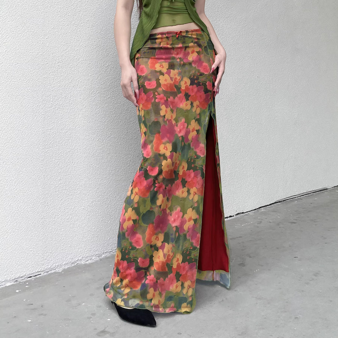 Damen Maxirock mit Chiffon-Overlay, floraler Allover-Print und hohem Seitenschlitz – Valéora