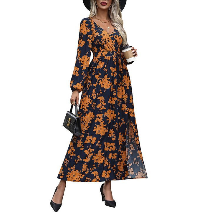 Damen Florales Maxikleid mit Wickel‑Dekolleté, Smock‑Taillenband und hohem Seitenschlitz Echoarchiv