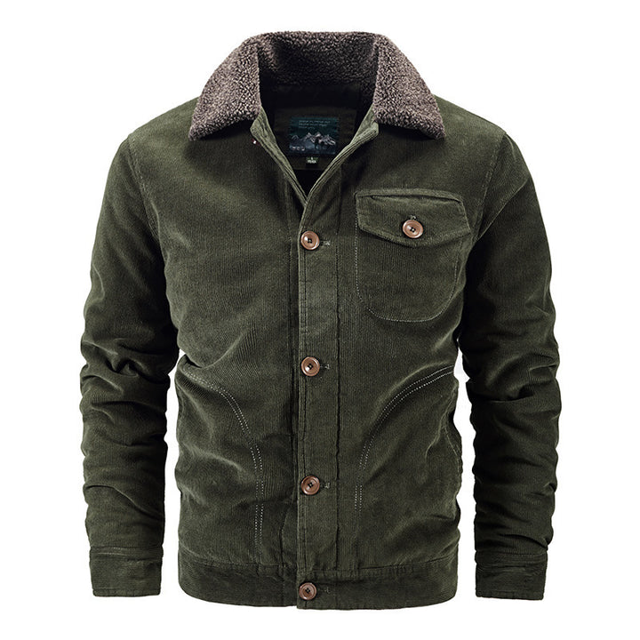 Herren Cord-Truckerjacke mit wärmendem Sherpa-Kragen und Holzknopffront – Taviero