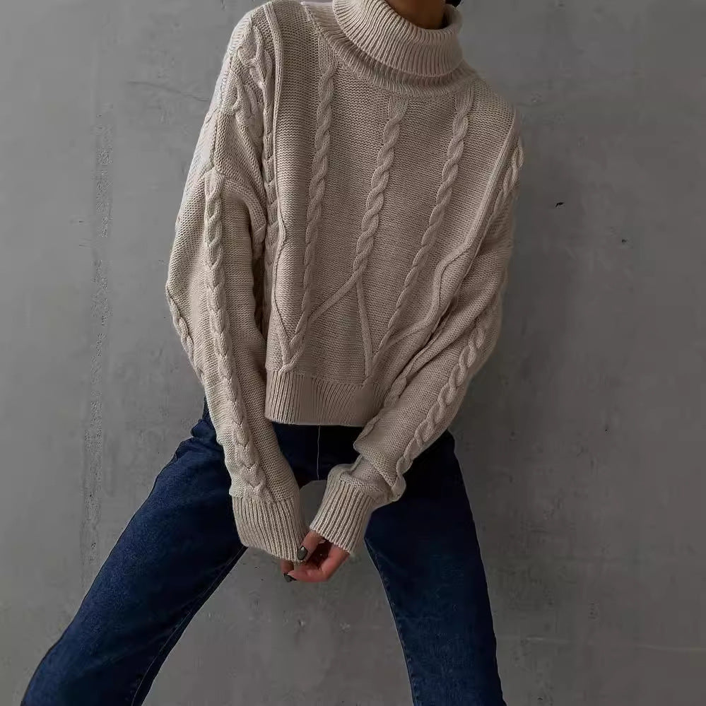 Damen Grobstrick-Rollkragenpullover mit Zopfstrick-Details Echoarchiv